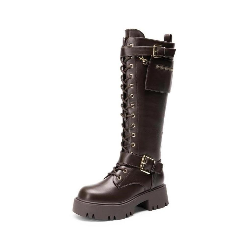 Dream Pairs Black Lace-Up Combat Moto Boots with Side Pocket - Picture 5 of 16